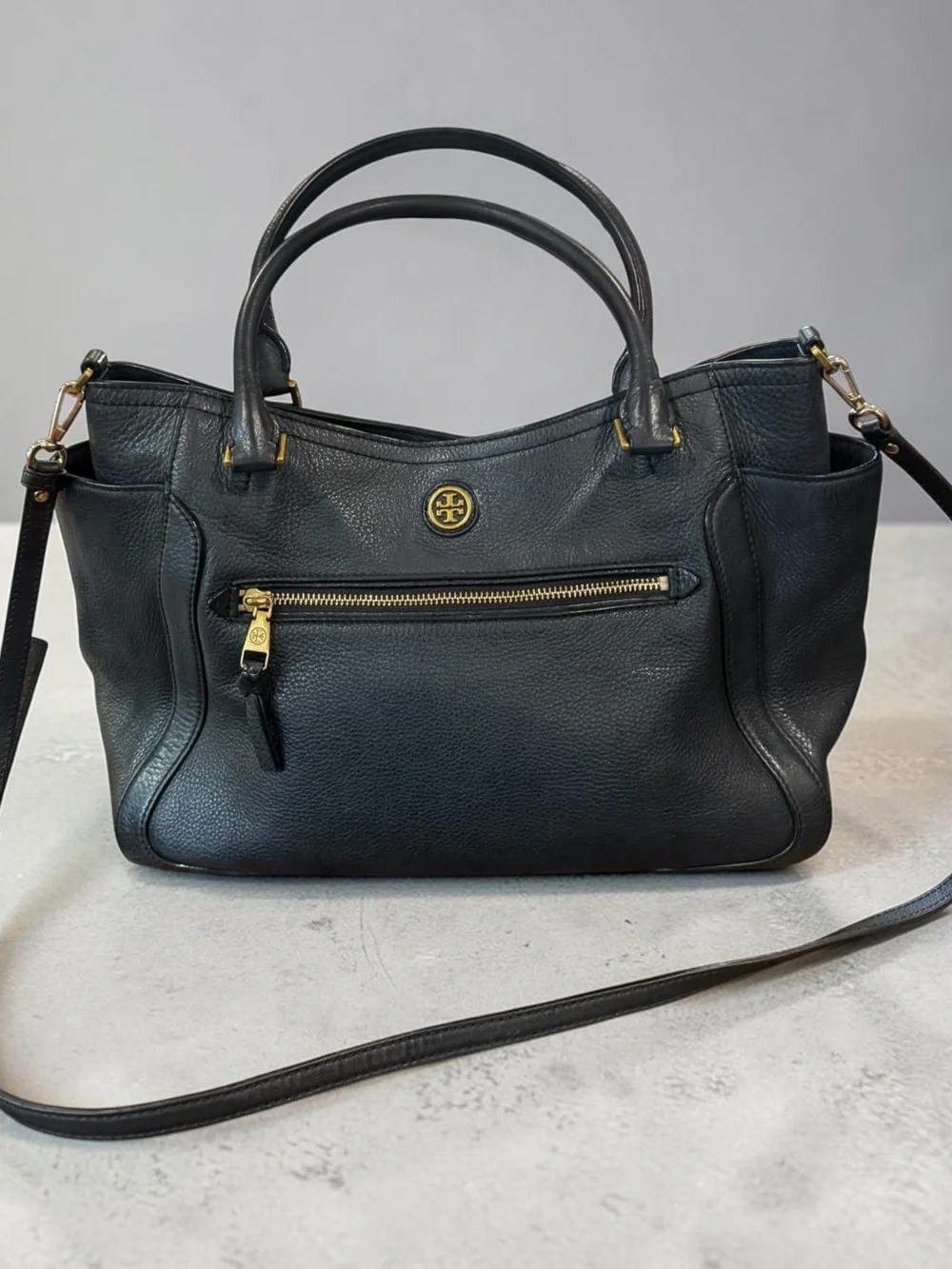 Tory Burch Black Pebbled Leather Satchel with Gold Accents